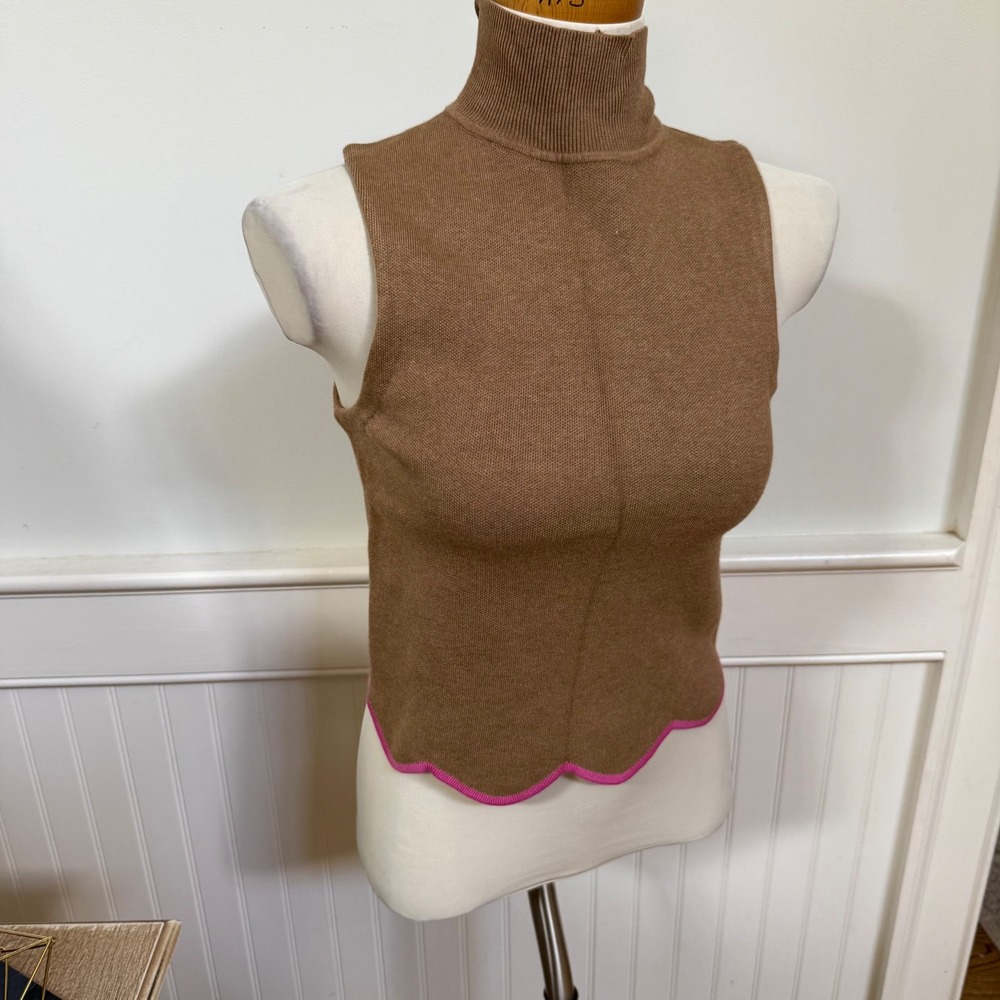 Maeve Anthropologie Mock Neck Sleeveless Scalloped Hem Knit Top Brown Pink XXS - Picture 2 of 7